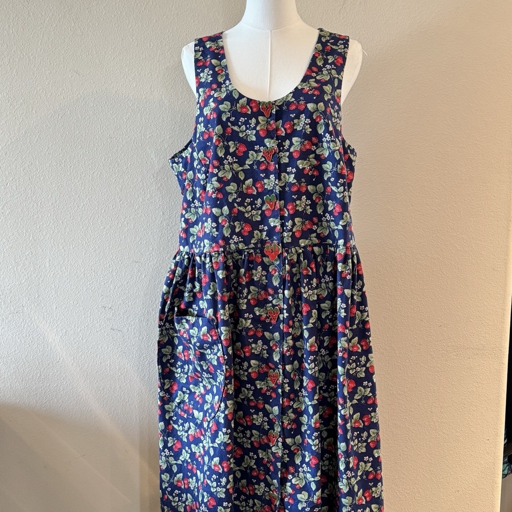 Vintage Dogwood Lane Strawberry Print Cotton Dress Pockets Cottagecore M/L 80s